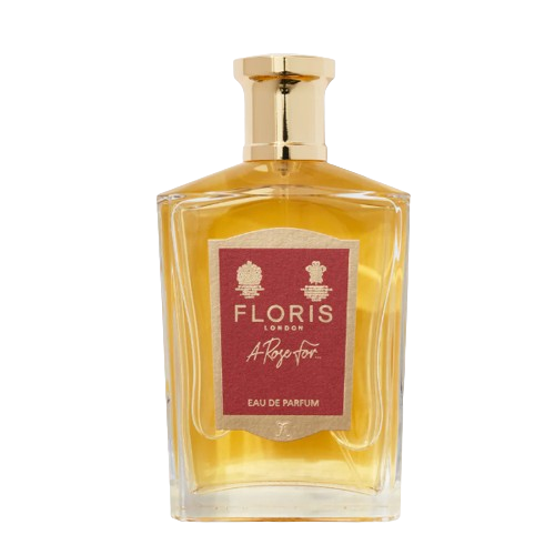 Floris - A Rose for... Parfümflakon mit goldenem Verschluss und bernsteinfarbener Flüssigkeit vor weißem Hintergrund