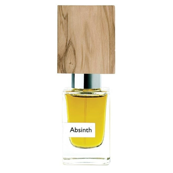 Nasomatto - Absinth Parfumflakon mit klaren Glas und markantem Holzdeckel vor weißem Hintergrund