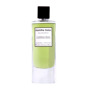 Panouge Paris - matières libres - Absinthe Gaïac Flakon mit hellgrüner Flüssigkeit und schwarzem Verschluss vor weißem Hintergrund