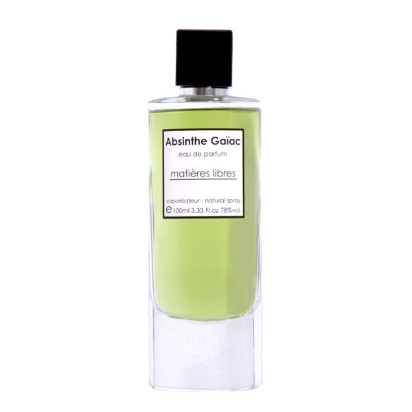Panouge Paris - matières libres - Absinthe Gaïac Flakon mit hellgrüner Flüssigkeit und schwarzem Verschluss vor weißem Hintergrund
