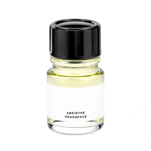 Headspace - Absinthe Parfumflakon mit hellem Inhalt und schwarzem Verschluss auf weißem Hintergrund