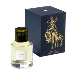 Trudon - Absolu Parfümflakon mit dunkelgrünem Verschluss neben eleganter blauer Verpackung mit goldener Illustration