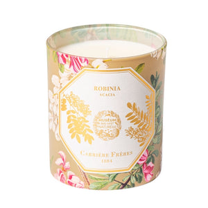 Carrière Frères - Acacia - Robinia - Duftkerze mit floralem Design und goldener Akazienillustration auf elegantem Glasbehälter