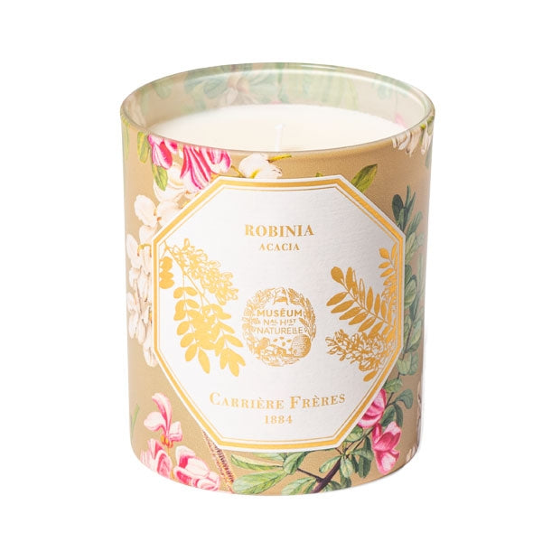 Carrière Frères - Acacia - Robinia - Duftkerze mit floralem Design und goldener Akazienillustration auf elegantem Glasbehälter