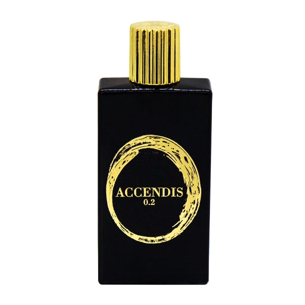 Accendis - Accendis 0.2 schwarzer Flakon mit goldenem Verschluss und minimalistischem runden Emblem auf Vorderseite