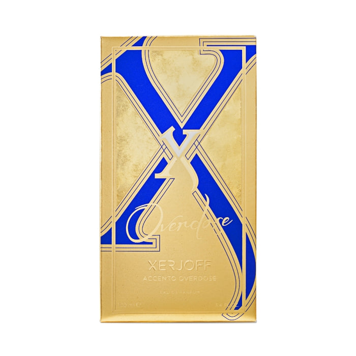Xerjoff - Vibe - Accento Overdose elegante goldblaue Verpackung mit geometrischem Design auf weißem Hintergrund
