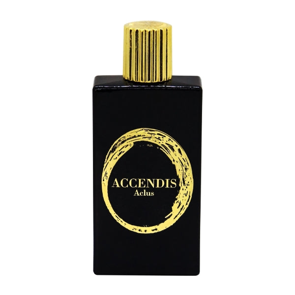 Accendis - Aclus eleganter schwarzer Flakon mit goldener Kappe und kreisförmigem goldfarbenem Design auf Vorderseite