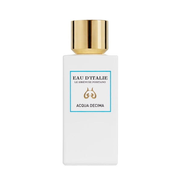 Eau d’Italie - Acqua Decima zeigt schlichten weißen Flakon mit goldfarbenem Verschluss und elegantem Logo auf der Vorderseite
