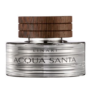 Linari - Acqua Santa - Eau de Parfum Flakon mit geriffeltem Glas und massivem Holzdeckel vor weißem Hintergrund