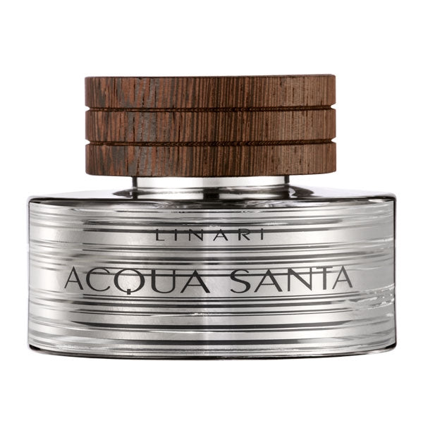 Linari - Acqua Santa - Eau de Parfum Flakon mit geriffeltem Glas und massivem Holzdeckel vor weißem Hintergrund