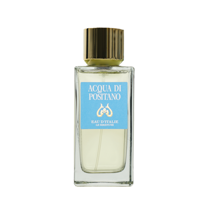 Eau d'Italie - Acqua di Positano Parfümflakon mit klarem Glas und hellblauem Etikett, goldener Kappe elegant gestaltet
