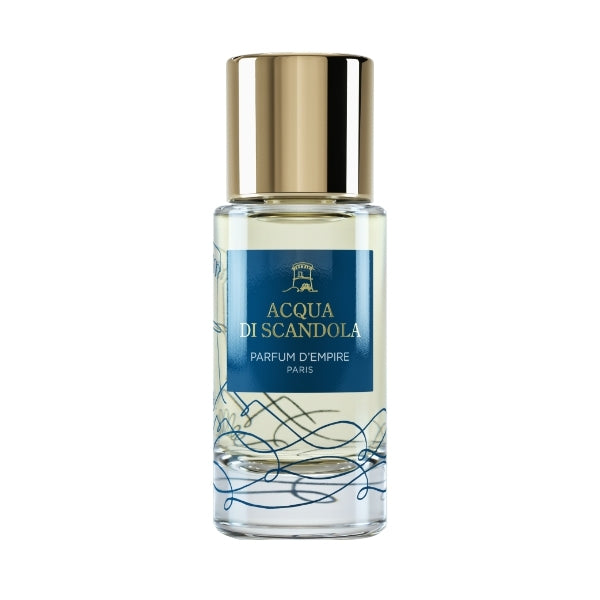 Parfum d'Empire - Acqua di Scandola Parfumflakon mit klarem Glas, blauem Etikett und goldenem Deckel vor weißem Hintergrund