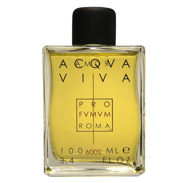 Profumum Roma - Acqua Viva Flakon mit klarer Glasoptik, schwarzem Verschluss und zitronengelber Flüssigkeit vor weißem Hintergrund