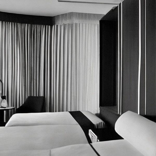 Pantomime - Act 1: Elegantes Hotelzimmer mit zwei Betten, Vorhängen und minimalistisch gestaltetem Interieur in Schwarzweiß