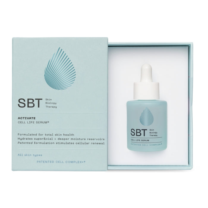 SBT - Activate - Cell Life Serum in eleganter blauer Verpackung mit Pipettenflasche für tiefenwirksame Hautpflege