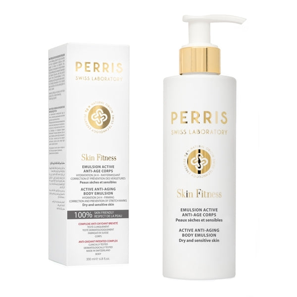 Perris Swiss Laboratory - Active - Anti-Aging Body Emulsion in weißer Flasche mit Pumpspender für straffe, gepflegte Haut