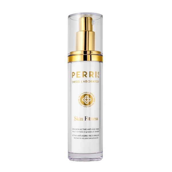 Perris Swiss Laboratory - Skin Fitness - Active Anti-Aging Face Emulsion in edlem Pumpflakon mit goldenen Akzenten vor weißem Hintergrund