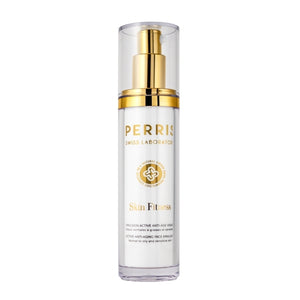 Perris Swiss Laboratory - Skin Fitness - Active Anti-Aging Face Emulsion in edlem Pumpflakon mit goldenen Akzenten vor weißem Hintergrund