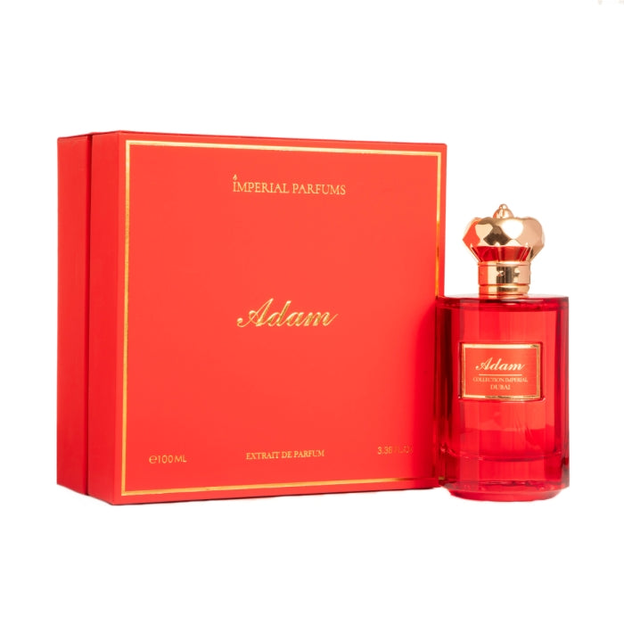Imperial Parfums - Adam roter edler Flakon mit goldfarbenem, königlichem Verschluss neben passender Geschenkbox