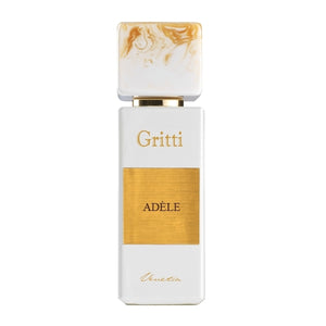 Gritti - White Collection - Adèle Parfumflakon in Weiß mit goldenem Label und marmoriertem Deckel vor hellem Hintergrund