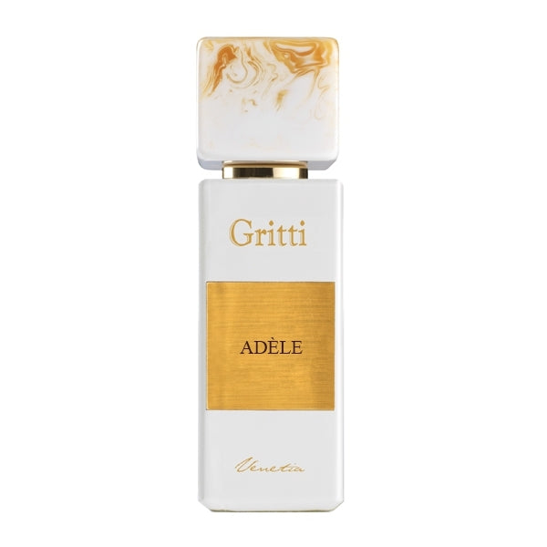 Gritti - White Collection - Adèle Parfumflakon in Weiß mit goldenem Label und marmoriertem Deckel vor hellem Hintergrund