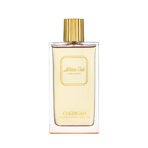 Cherigan - Adhara Oud Parfumflakon mit klarem Glas und goldfarbenem, geriffeltem Verschluss vor weißem Hintergrund