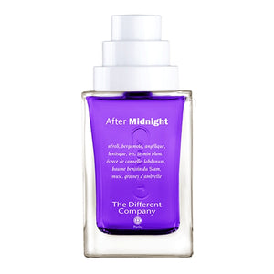 The Different Company - L'Esprit Cologne - After Midnight Flakon mit tiefviolettem Inhalt und weißem Verschluss vor weißem Hintergrund