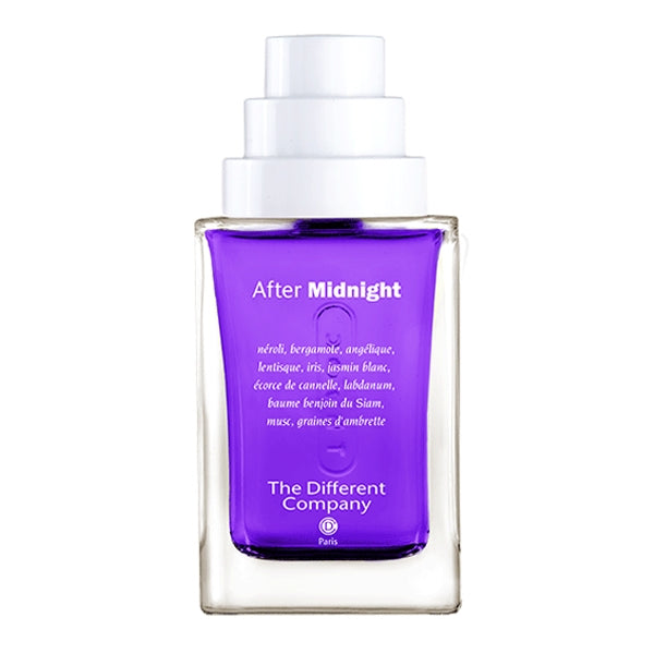 The Different Company - L'Esprit Cologne - After Midnight Flakon mit tiefviolettem Inhalt und weißem Verschluss vor weißem Hintergrund