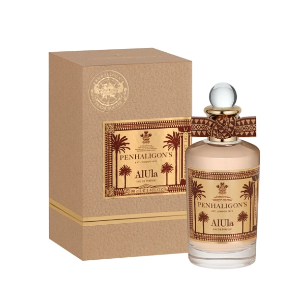 Penhaligon's - Trade Routes - AlUla Parfümflakon mit dekorativem Etikett und passender Verpackung in warmen Brauntönen