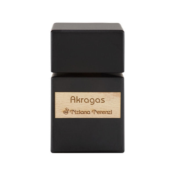 Tiziana Terenzi - Classic Collection - Akragas schwarzer Flakon mit Holzplakette auf weißem Hintergrund minimalistisch inszeniert