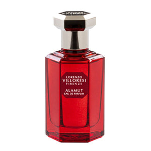 Lorenzo Villoresi - Alamut - EdP Flakon in leuchtendem Rot mit silbernem Verschluss auf weißem Hintergrund