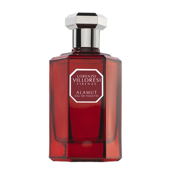 Lorenzo Villoresi - Alamut - EdT Parfumflakon in tiefrotem Glas mit facettiertem silbernem Verschluss vor weißem Hintergrund