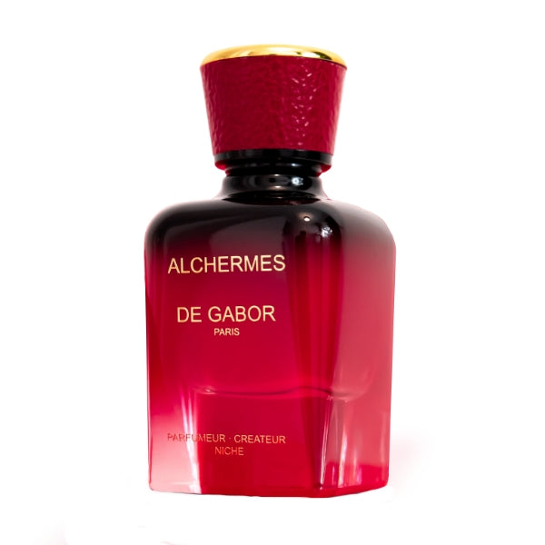 De Gabor - Alchermes Parfumflakon mit verlaufendem Rot und goldenem Deckel vor weißem Hintergrund