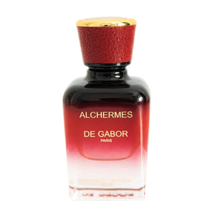 De Gabor - Alchermes Parfumflakon in verlaufendem Rotton mit goldenem Deckel und elegantem Schriftzug auf weißem Hintergrund