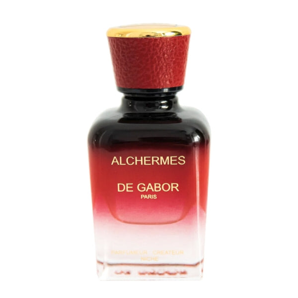 De Gabor - Alchermes Parfumflakon in verlaufendem Rotton mit goldenem Deckel und elegantem Schriftzug auf weißem Hintergrund