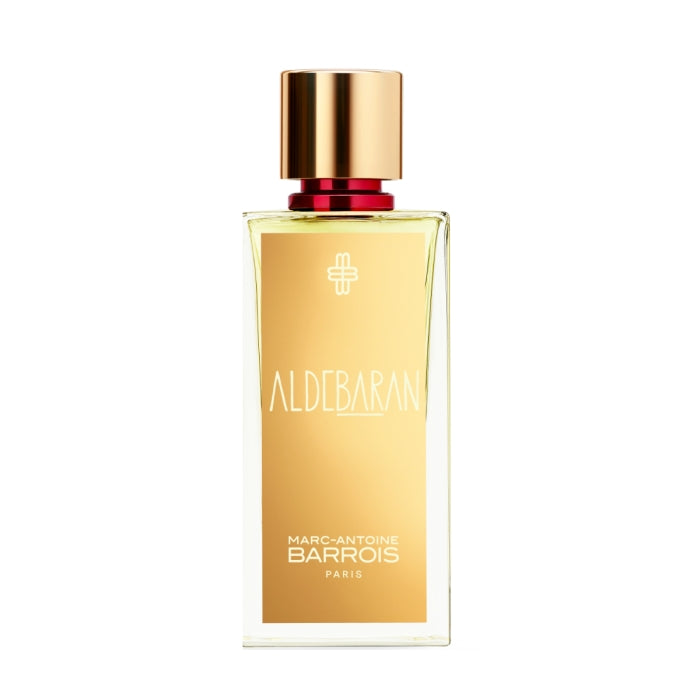 Marc-Antoine Barrois - Aldebaran Parfumflakon mit goldfarbenem Etikett und roségoldenem Verschluss vor weißem Hintergrund