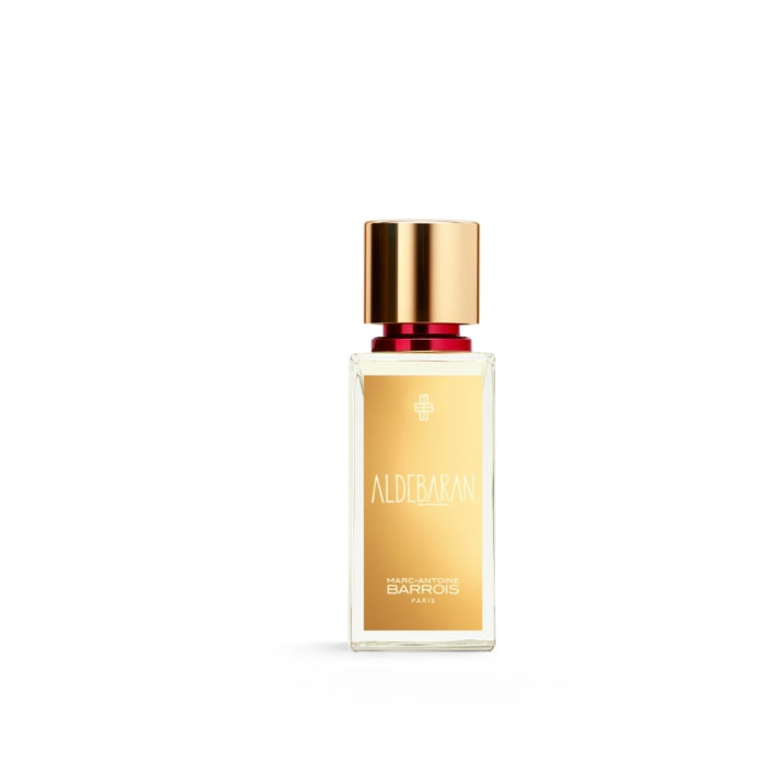 Marc-Antoine Barrois - Aldebaran Parfumflakon mit goldenem Etikett und roséfarbenem Verschluss auf weißem Hintergrund