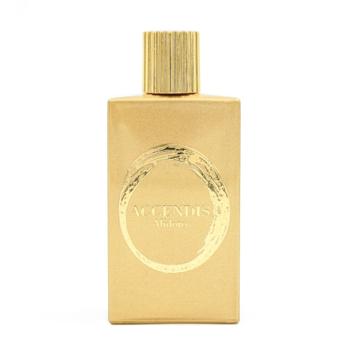 Accendis - The Golds - Alidoro goldener Flakon mit strukturiertem Verschluss und minimalistischem Design auf weißem Hintergrund