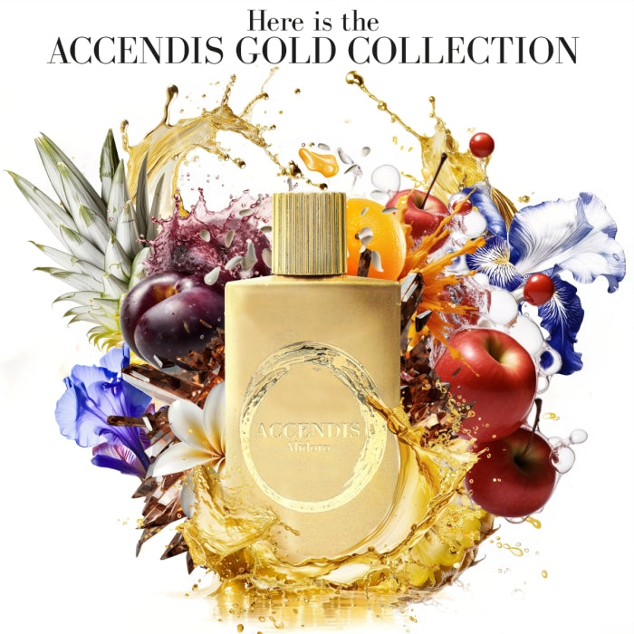 Accendis - The Golds - Alidoro eleganter goldener Flakon umgeben von Früchten und blühenden Blumen in lebhafter Komposition
