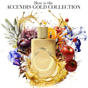 Accendis - The Golds - Alidoro eleganter goldener Flakon umgeben von Früchten und blühenden Blumen in lebhafter Komposition