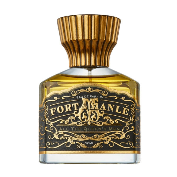 Fort & Manlé - All the Queen's Men Parfümflakon mit opulentem goldfarbenem Verschluss und schwarzem, edlem Etikett vor weißem Hintergrund