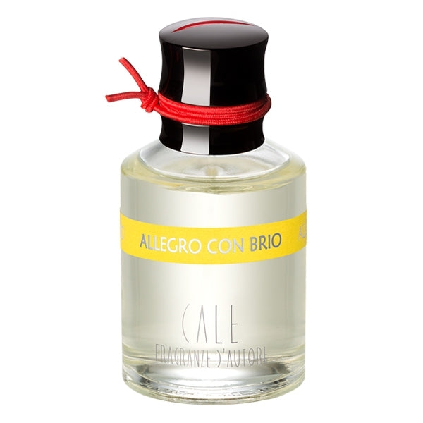 Calé Fragranze d'Autore - Allegro con Brio Duftflakon mit gelbem Etikett und rotem Band auf weißem Hintergrund