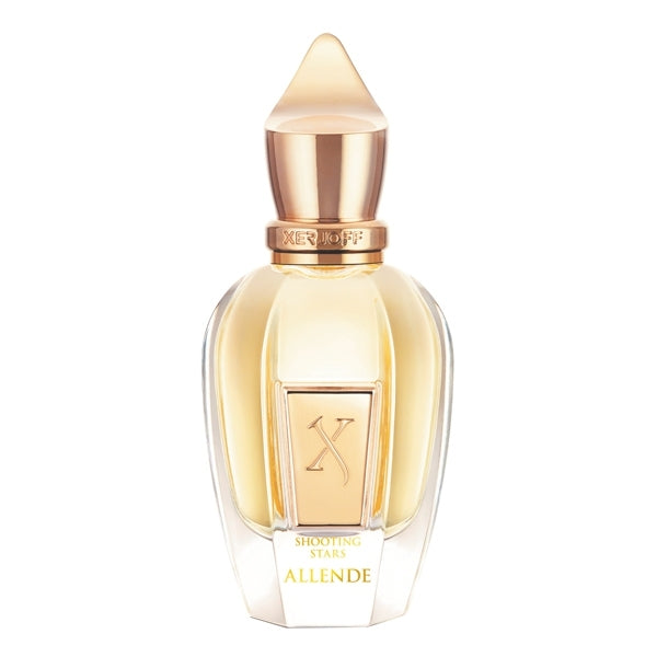 Xerjoff - Shooting Stars - Allende eleganter goldener Flakon mit markantem Verschluss auf weißem Hintergrund