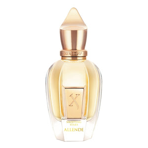 Xerjoff - Shooting Stars - Allende eleganter goldener Flakon mit markantem Verschluss auf weißem Hintergrund