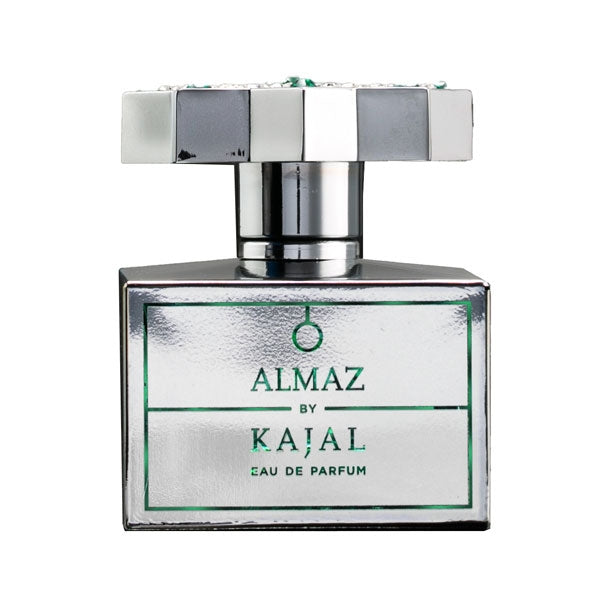Kajal - Almaz Parfumflakon mit silberner, spiegelnder Oberfläche und dekorativem quadratischem Verschluss vor weißem Hintergrund