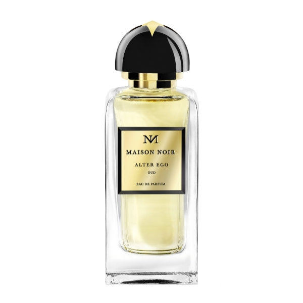 Maison Noir - Alter Ego 786 Parfumflakon mit klarem Glas und schwarzem Verschluss mit goldfarbenem Akzent vor weißem Hintergrund