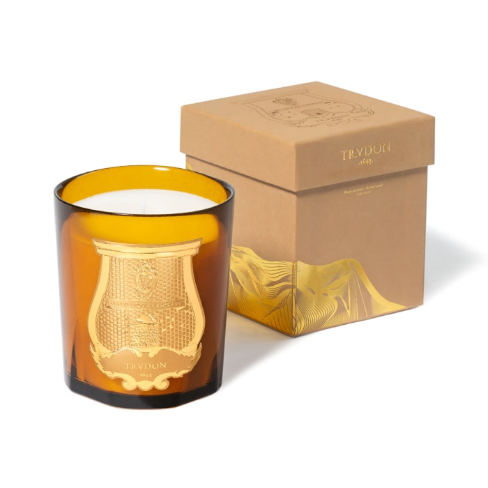 Trudon - Altaïr - Duftkerze im bernsteinfarbenen Glas mit goldfarbenem Wappen und warm-holzig-blumigem Duftprofil