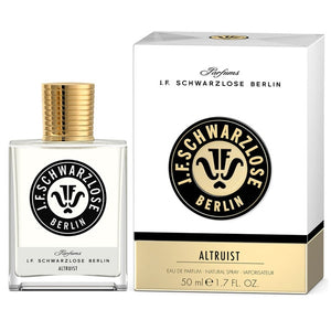J. F. Schwarzlose Berlin - Altruist Eau de Parfum Flakon mit goldfarbenem Verschluss und passender Verpackung vor weißem Hintergrund