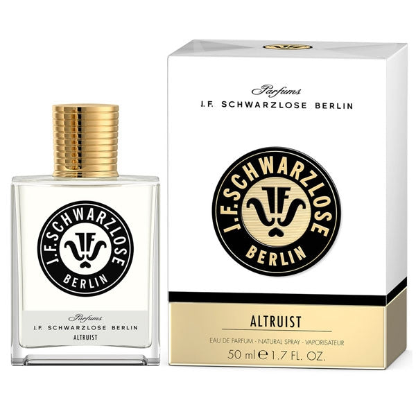J. F. Schwarzlose Berlin - Altruist Eau de Parfum Flakon mit goldfarbenem Verschluss und passender Verpackung vor weißem Hintergrund