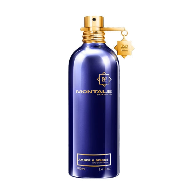 Montale - Amber & Spices Parfumflakon in tiefblau mit goldenem Zerstäuber und Anhänger vor weißem Hintergrund